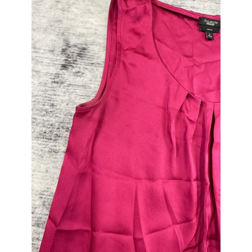 Talbots Magenta Pink Silk Stretch Pleated Scoop Neck Sleeveless Blouse Shell 2
